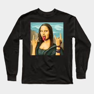 Mona Lisa rocks out - luxury painting with background - tongue out Long Sleeve T-Shirt